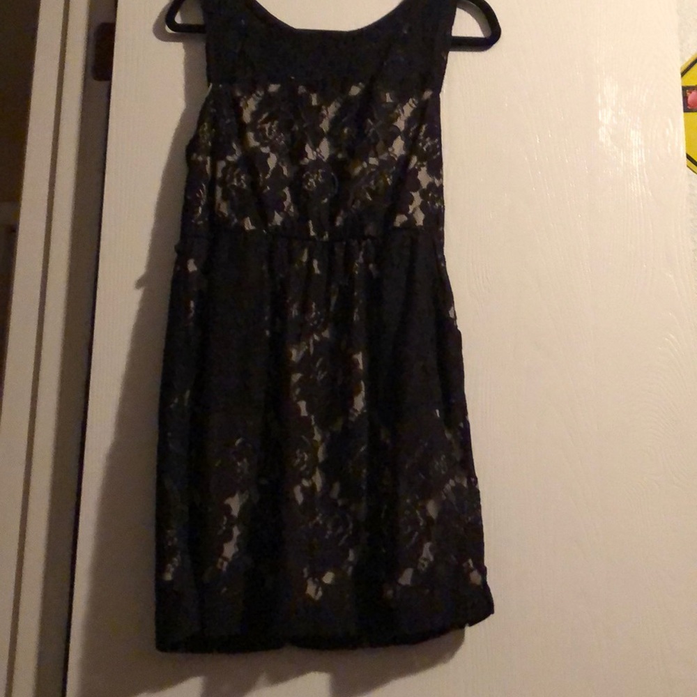 Black Lace Knee Length Dress with Nude Liner